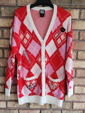 Harkey Quinn Size XL Red & Pink Argyle Cardigan Sweater